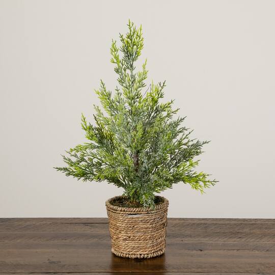 Nearly Natural 18" Pre-Lit Artificial Snowed Cypress Christmas Tree in Hyacinth Basket, Warm White LED Lights